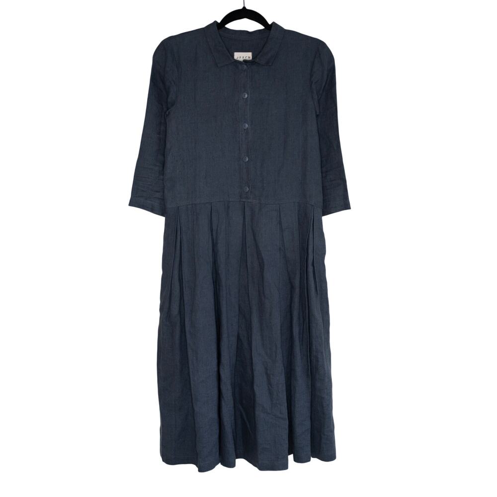 OFFON Pleated Skirt Linen Midi Dress Slate Gray 3/4 Sleeves Retro SZ XS NWT